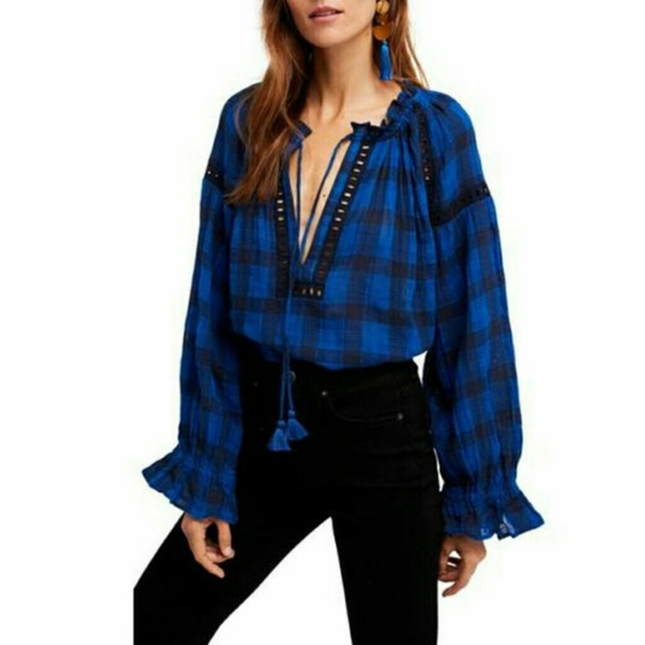 Free People Honey Grove blue plaid size large top - Picture 2 of 8